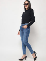 A-Line Ribbed Casual Wear Black Top with Frill Neck and Sleeves