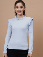 A-Line Ribbed Casual Wear Light Blue Top with Frill Neck and Sleeves