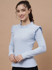 A-Line Ribbed Casual Wear Light Blue Top with Frill Neck and Sleeves