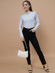 A-Line Ribbed Casual Wear Light Blue Top with Frill Neck and Sleeves