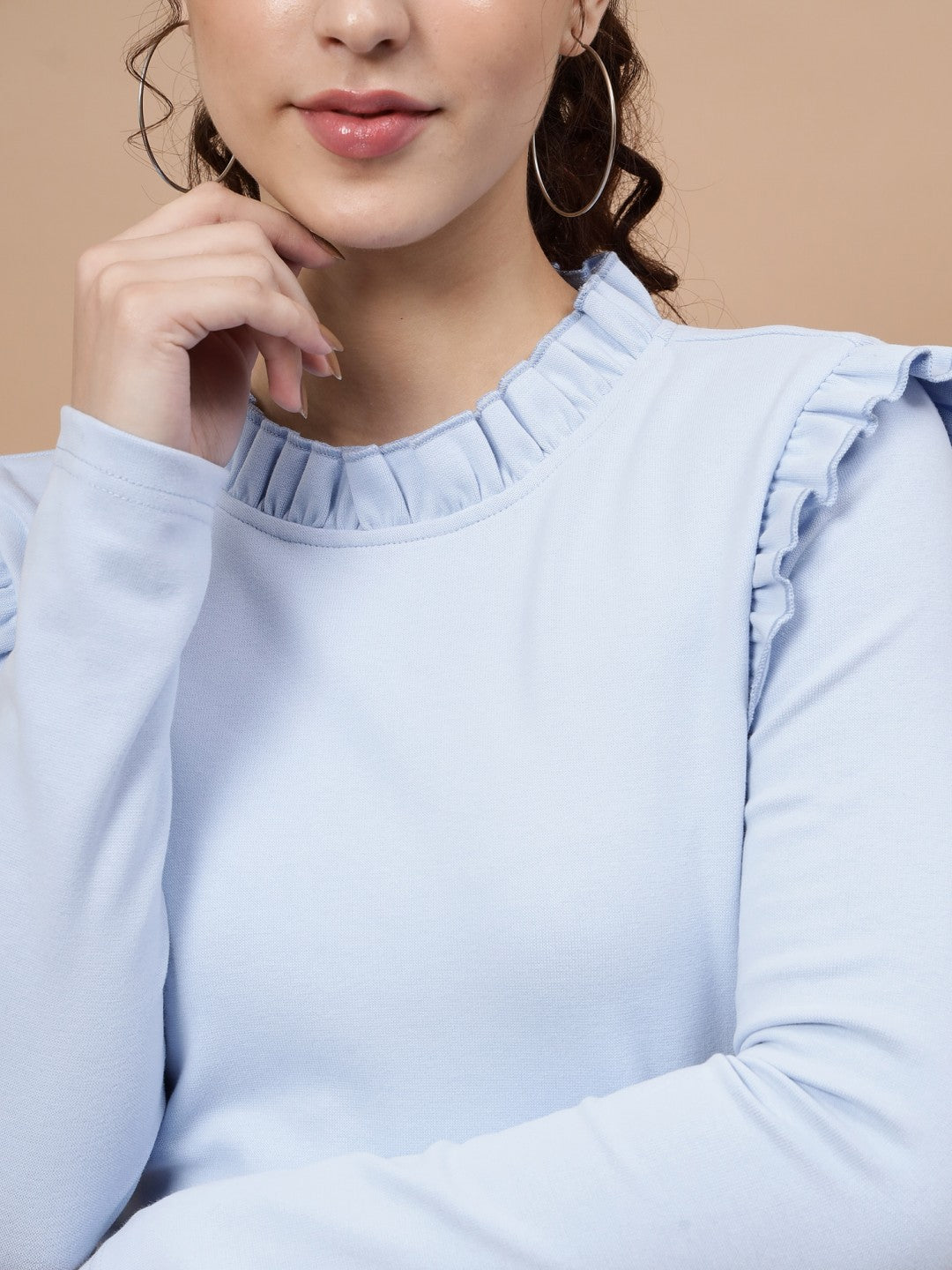 A-Line Ribbed Casual Wear Light Blue Top with Frill Neck and Sleeves