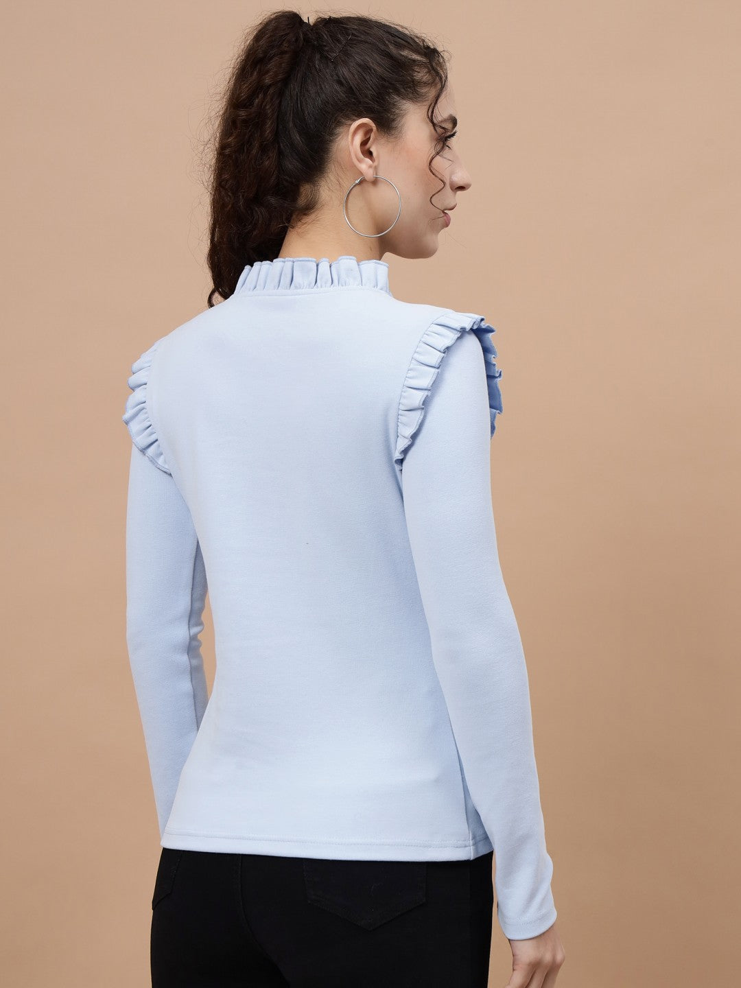 A-Line Ribbed Casual Wear Light Blue Top with Frill Neck and Sleeves