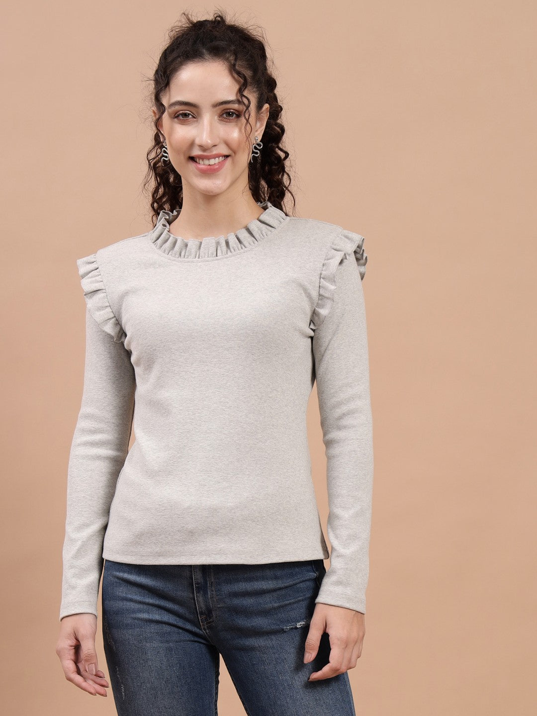 A-Line Ribbed Casual Wear Light Grey Top with Frill Neck and Sleeves