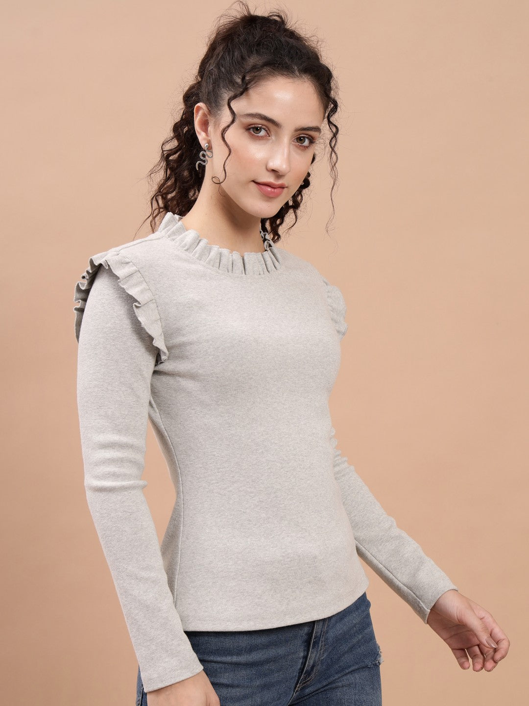 A-Line Ribbed Casual Wear Light Grey Top with Frill Neck and Sleeves