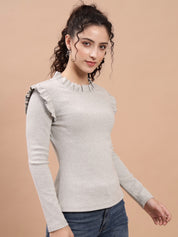 A-Line Ribbed Casual Wear Light Grey Top with Frill Neck and Sleeves