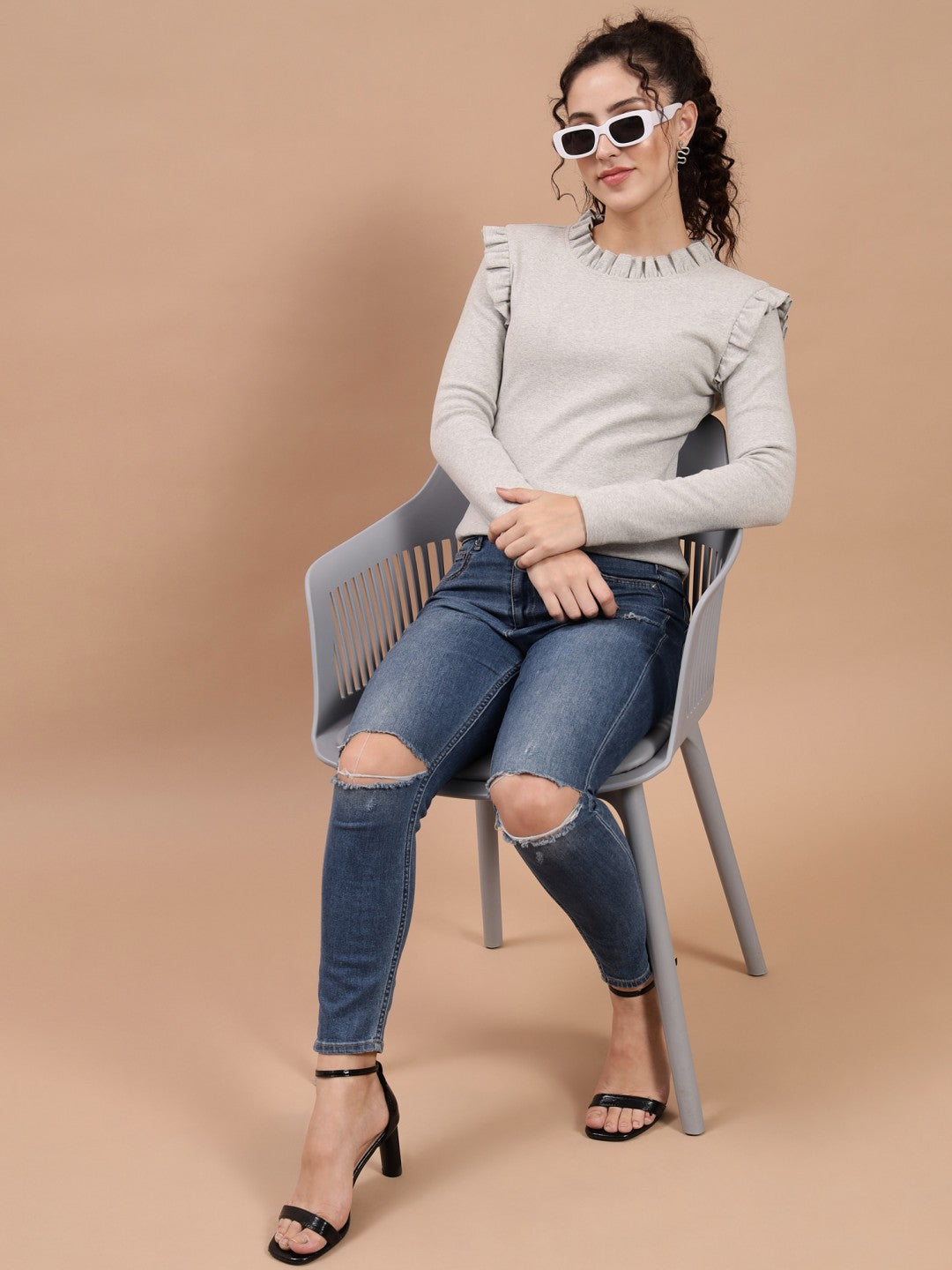 A-Line Ribbed Casual Wear Light Grey Top with Frill Neck and Sleeves