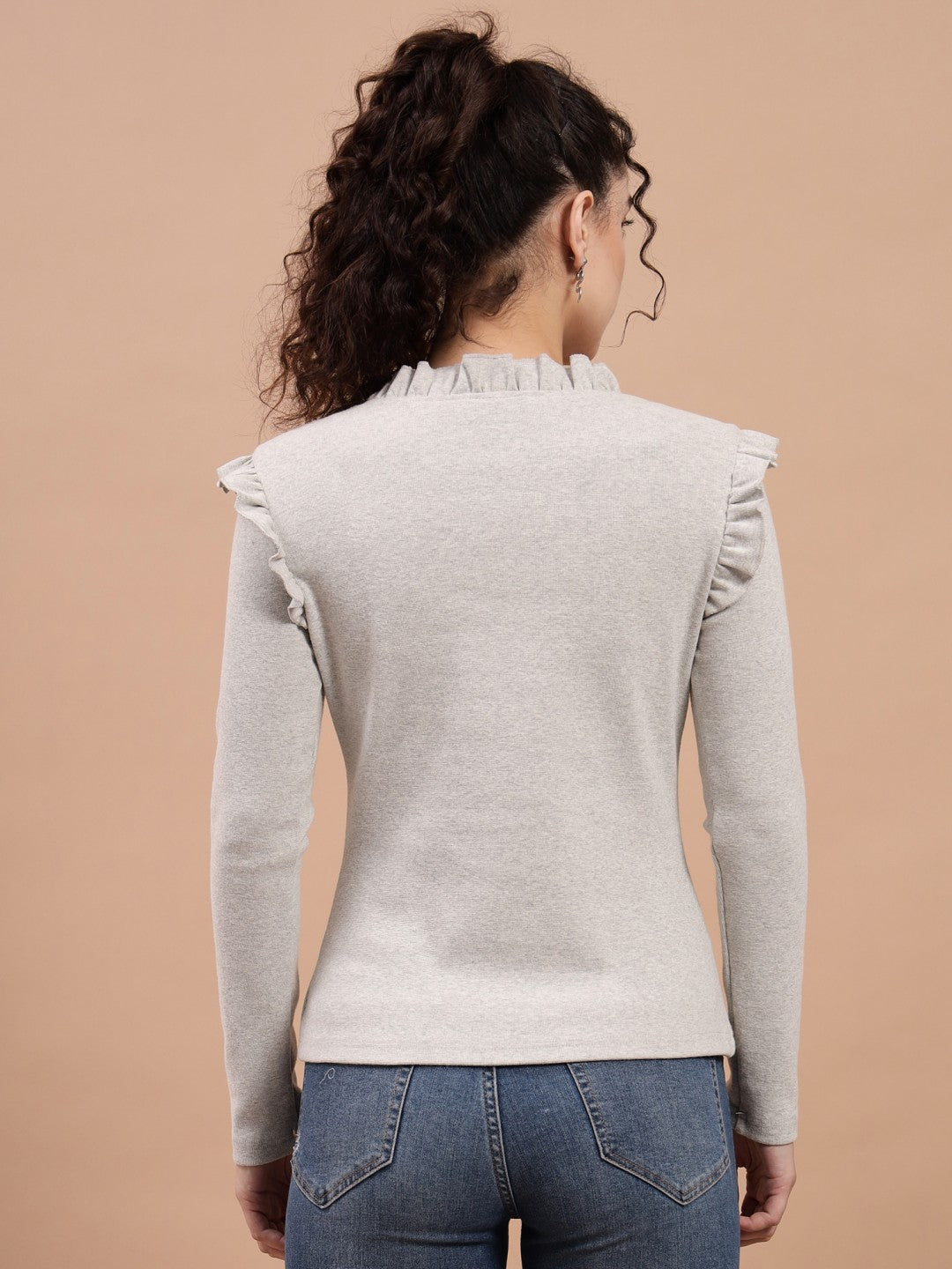 A-Line Ribbed Casual Wear Light Grey Top with Frill Neck and Sleeves