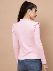 A-Line Ribbed Casual Wear Light Pink Top with Frill Neck and Sleeves