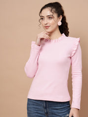 A-Line Ribbed Casual Wear Light Pink Top with Frill Neck and Sleeves