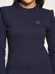 A-Line Ribbed Casual Wear Midnight Blue Top with Frill Neck and Sleeves