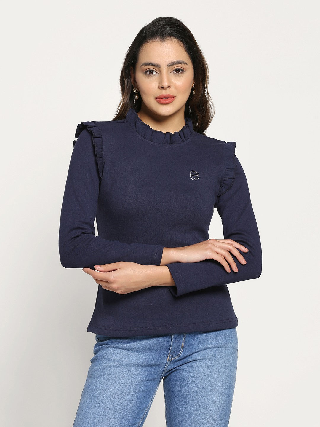 A-Line Ribbed Casual Wear Midnight Blue Top with Frill Neck and Sleeves