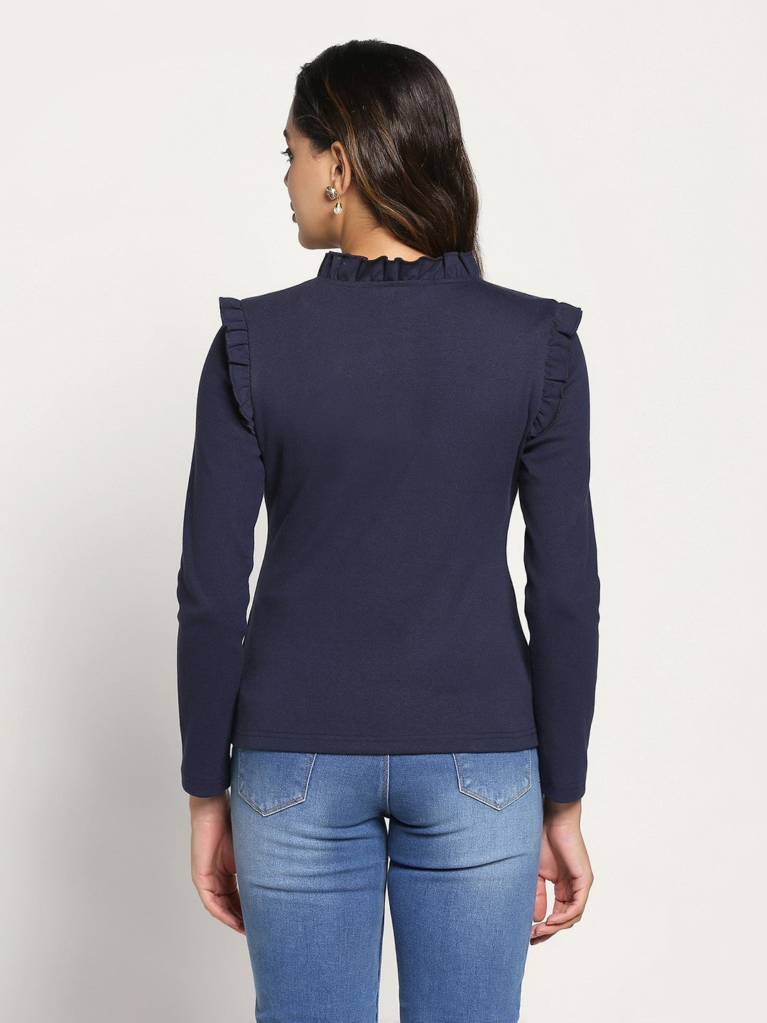 A-Line Ribbed Casual Wear Midnight Blue Top with Frill Neck and Sleeves