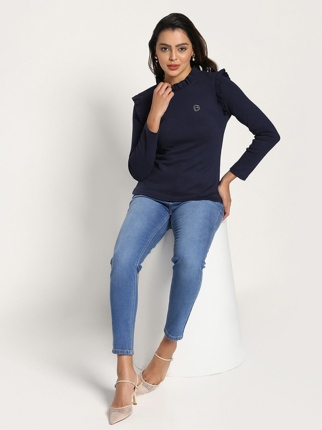 A-Line Ribbed Casual Wear Midnight Blue Top with Frill Neck and Sleeves