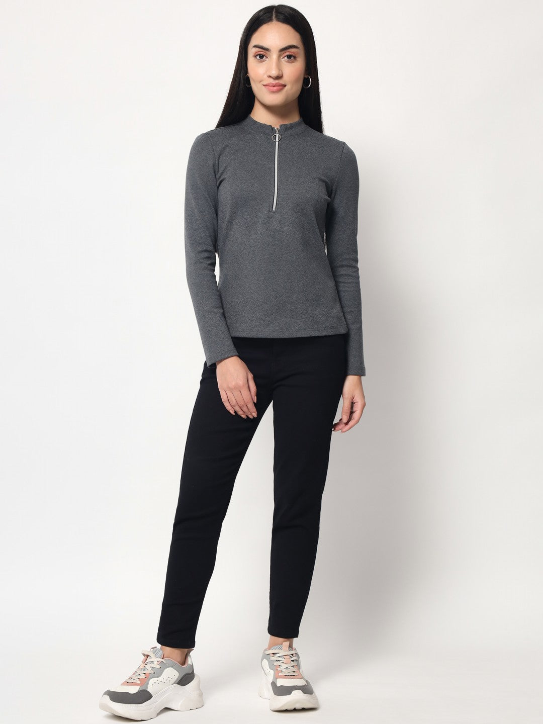 Light Winter Casual Wear Dark Grey A-Line Zip Neck Top