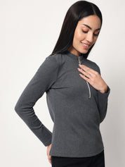 Light Winter Casual Wear Dark Grey A-Line Zip Neck Top