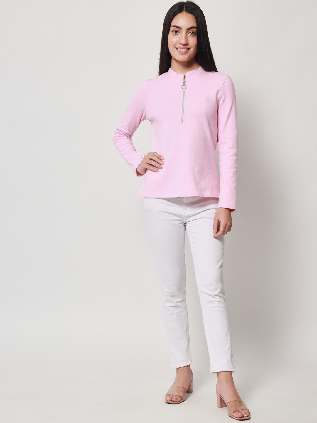 Light Winter Casual Wear Pink A-Line Zip Neck Top