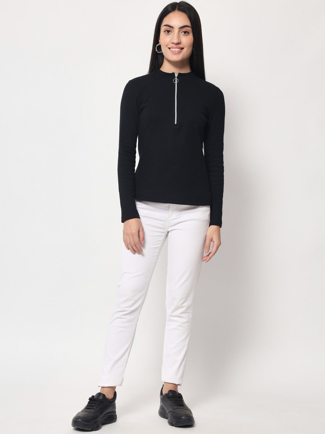 Light Winter Casual Wear Black A-Line Zip Neck Top