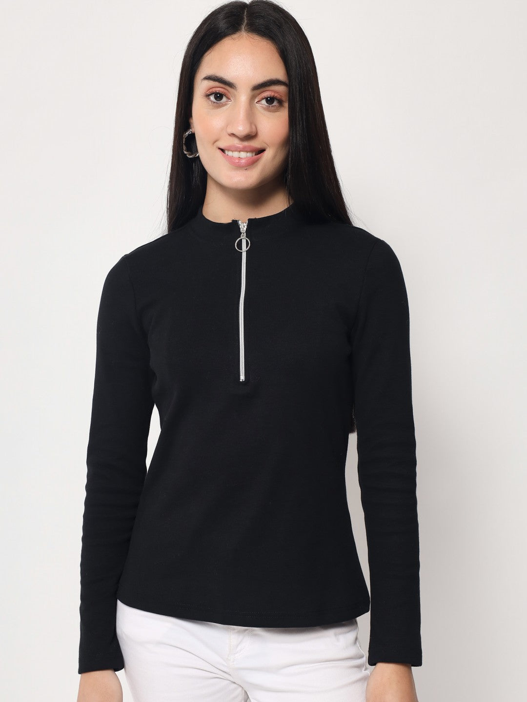 Light Winter Casual Wear Black A-Line Zip Neck Top