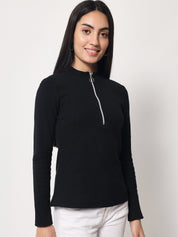 Light Winter Casual Wear Black A-Line Zip Neck Top