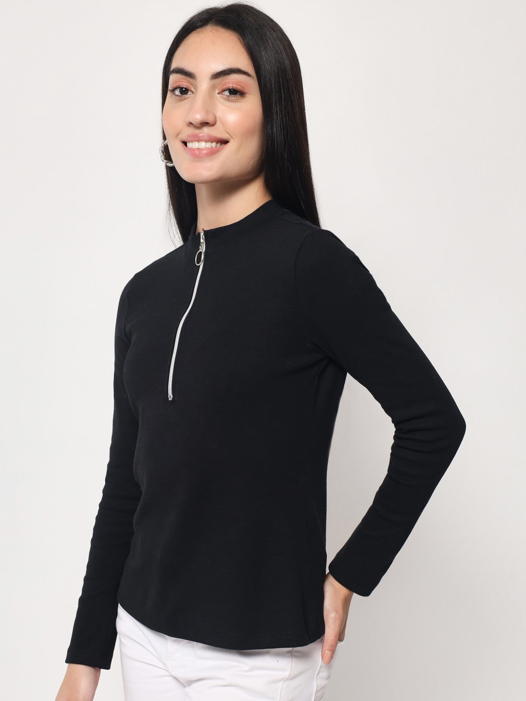 Light Winter Casual Wear Black A-Line Zip Neck Top