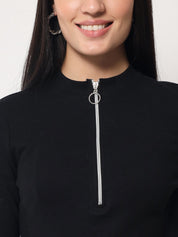 Light Winter Casual Wear Black A-Line Zip Neck Top