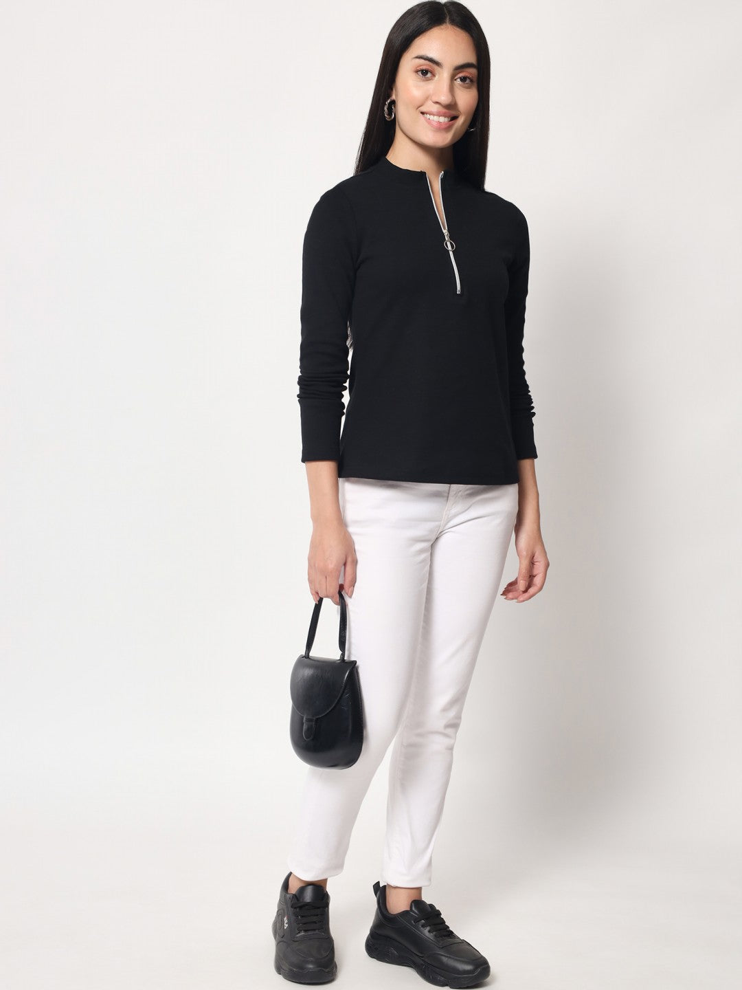 Light Winter Casual Wear Black A-Line Zip Neck Top