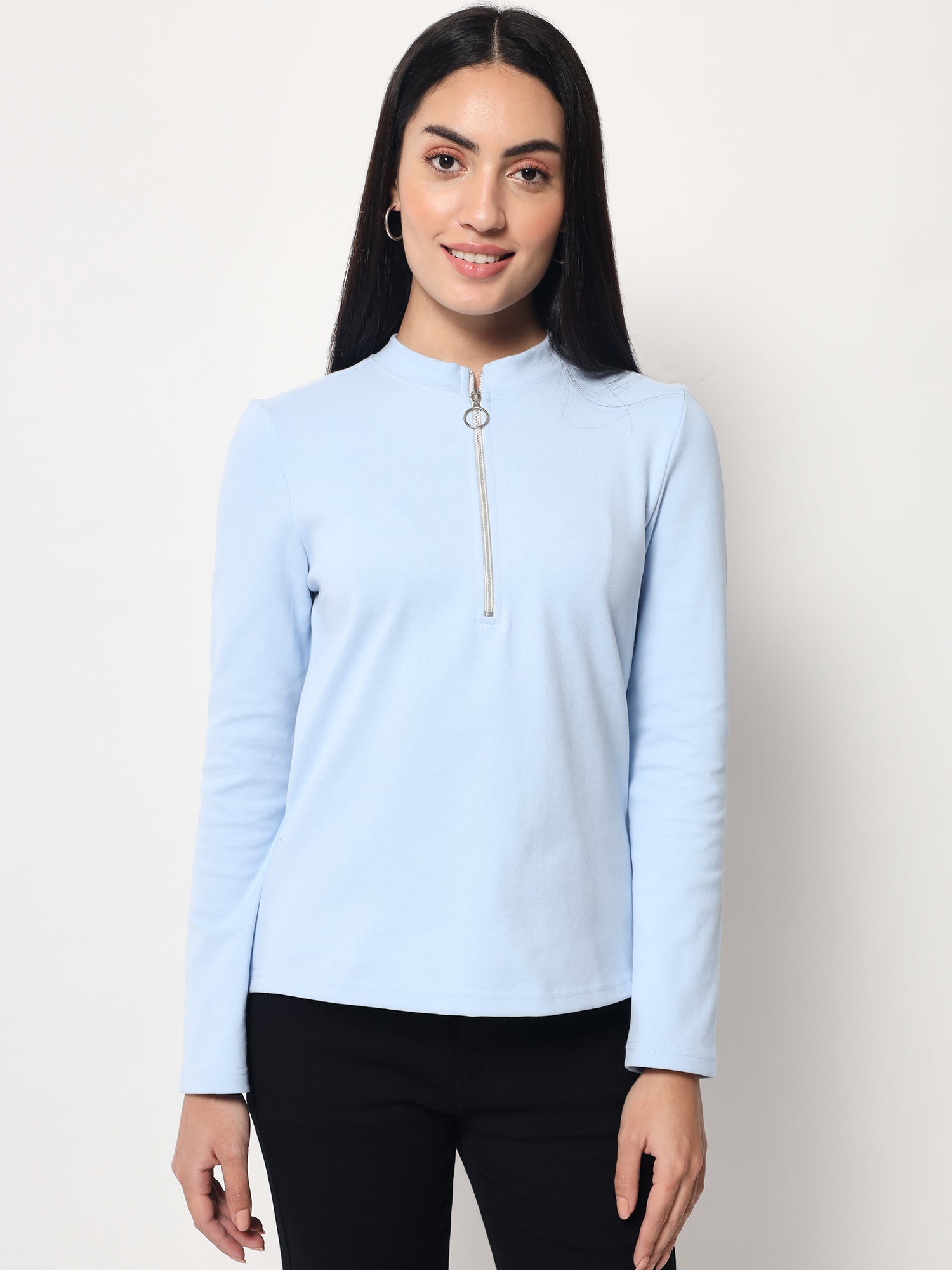 Light Winter Casual Wear Sky Blue A-Line Zip Neck Top