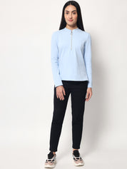 Light Winter Casual Wear Sky Blue A-Line Zip Neck Top