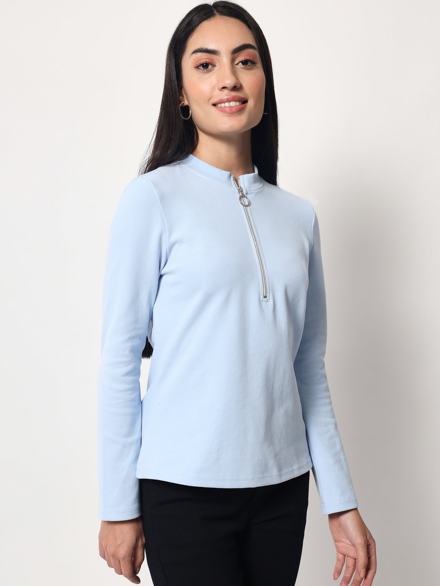 Light Winter Casual Wear Sky Blue A-Line Zip Neck Top