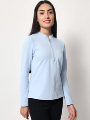 Light Winter Casual Wear Sky Blue A-Line Zip Neck Top