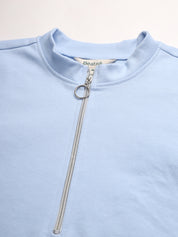 Light Winter Casual Wear Sky Blue A-Line Zip Neck Top