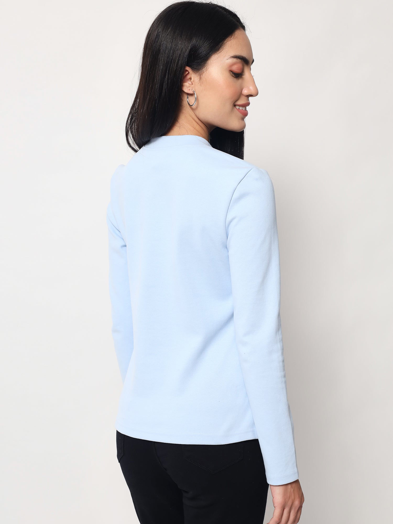 Light Winter Casual Wear Sky Blue A-Line Zip Neck Top