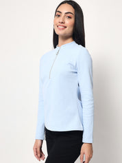 Light Winter Casual Wear Sky Blue A-Line Zip Neck Top