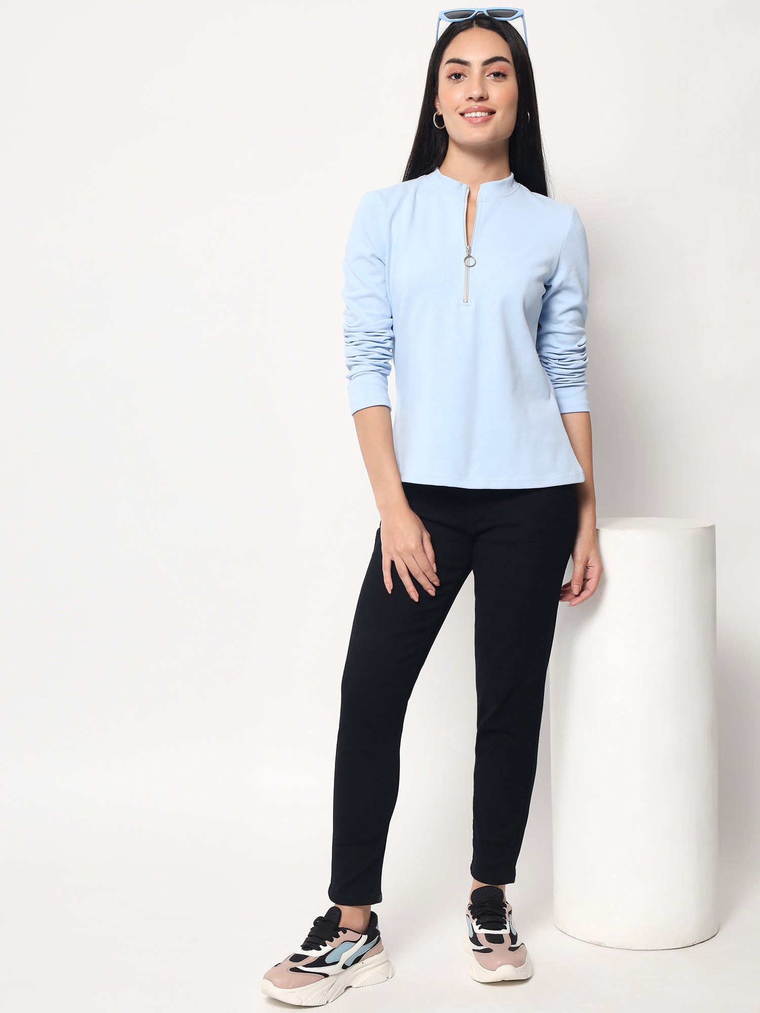 Light Winter Casual Wear Sky Blue A-Line Zip Neck Top