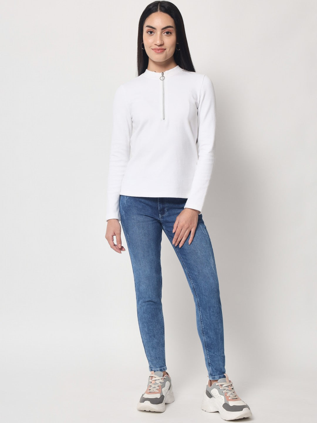 Light Winter Casual Wear White A-Line Zip Neck Top