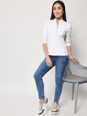 Light Winter Casual Wear White A-Line Zip Neck Top