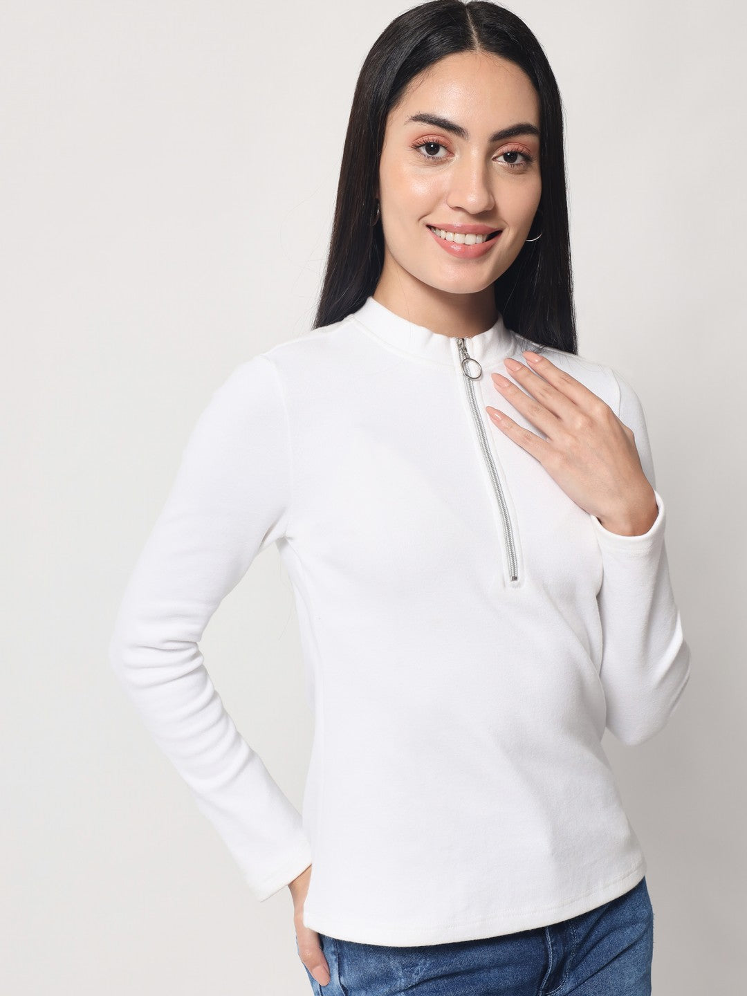 Light Winter Casual Wear White A-Line Zip Neck Top