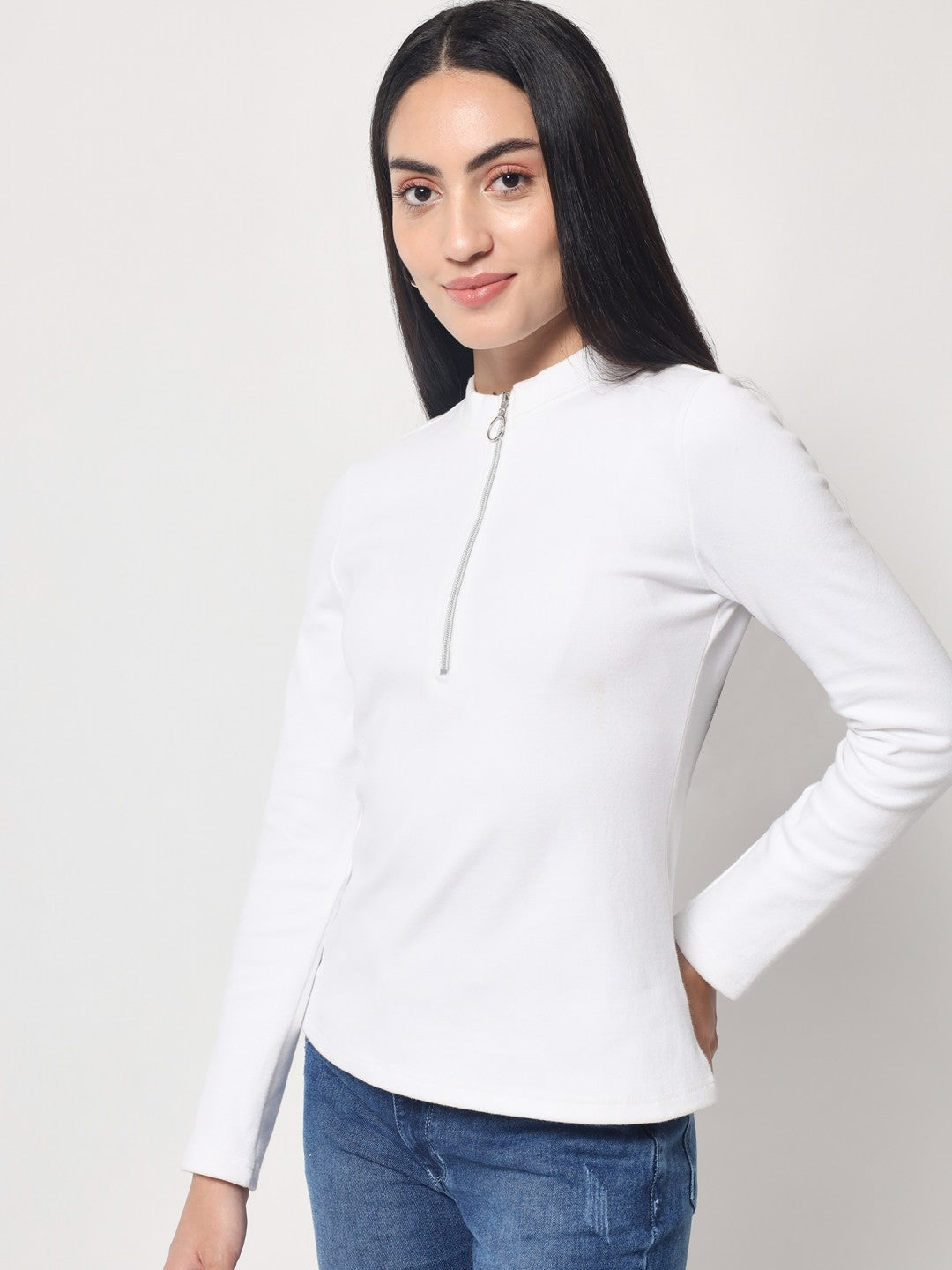 Light Winter Casual Wear White A-Line Zip Neck Top