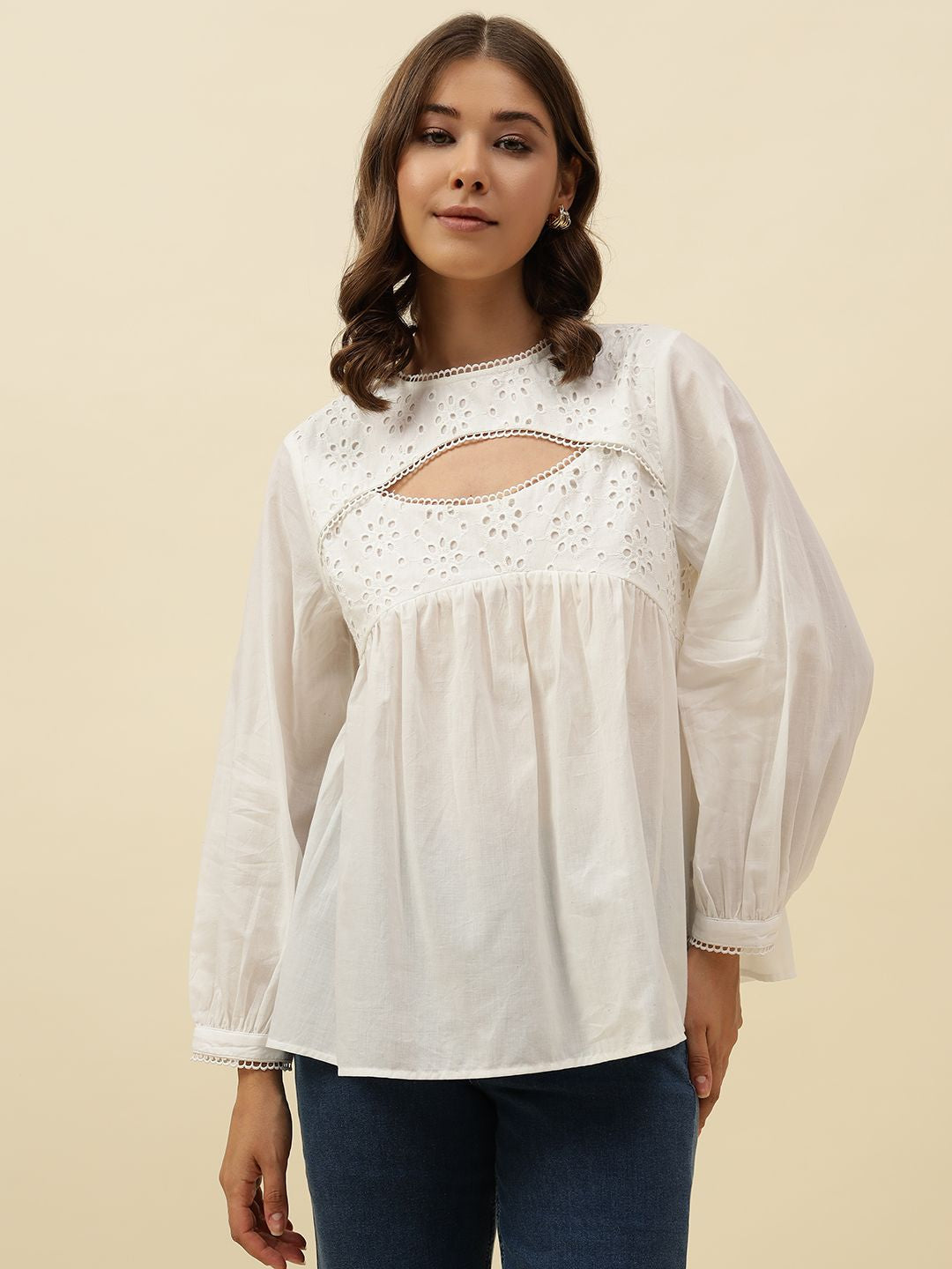 White Peasant  Round Neck Top Beatnik