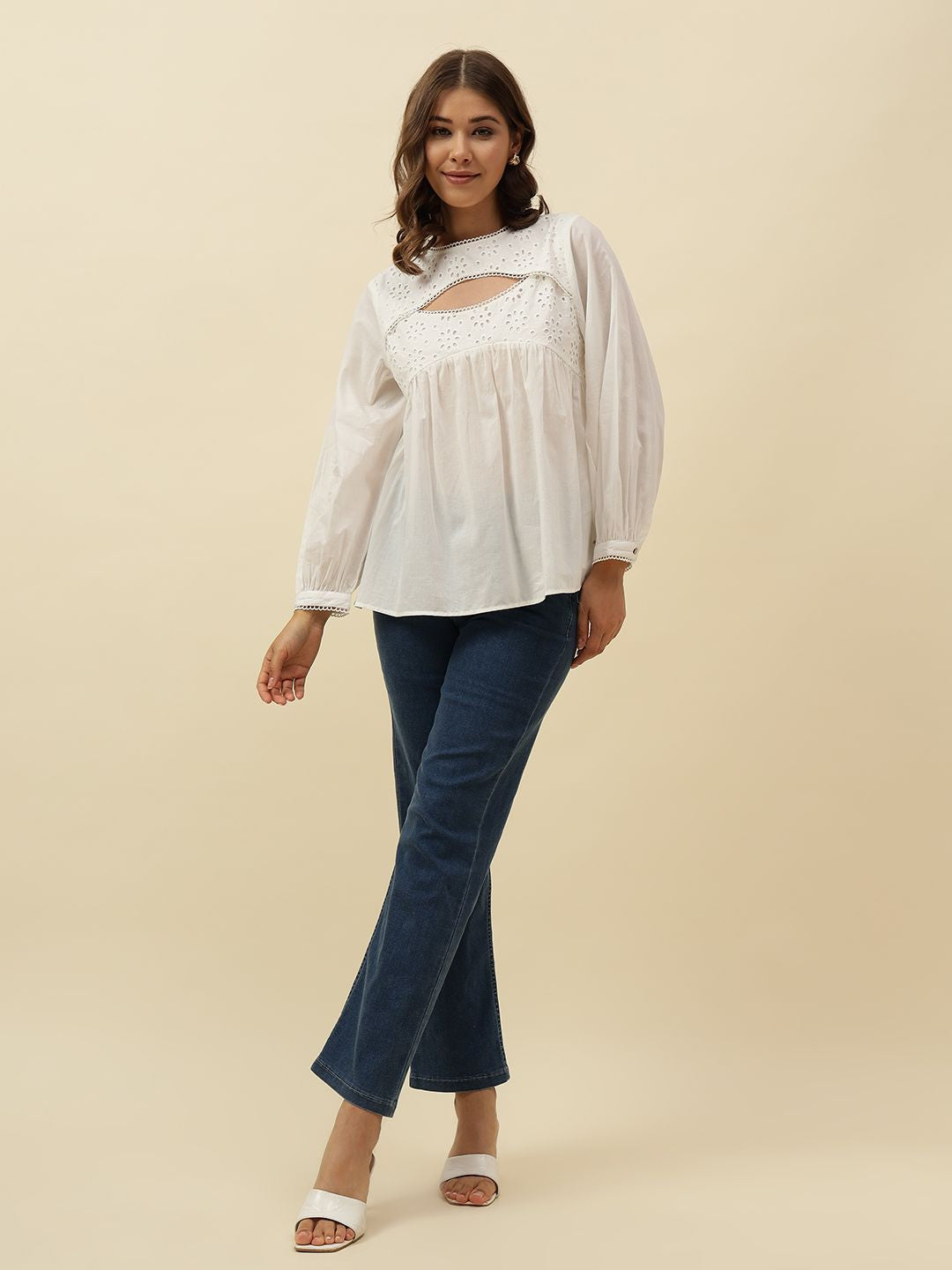 White Peasant  Round Neck Top Beatnik