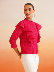 Shiffli Mandarian Collar Ruffle Top