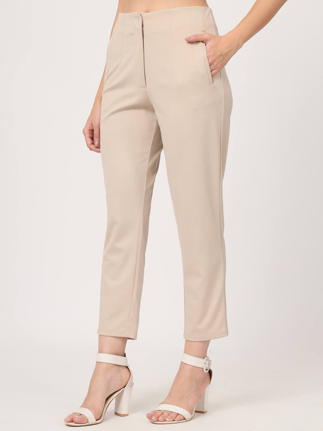 Beatnik Beige Pleated Womens Trousers