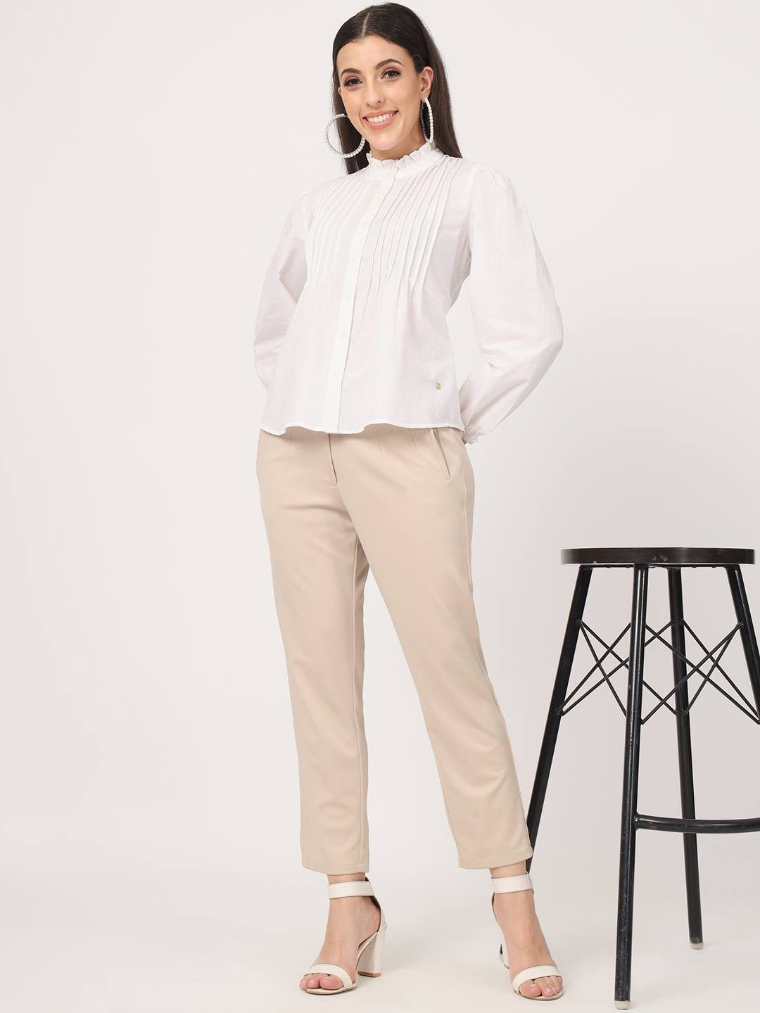 Beatnik Beige Pleated Womens Trousers