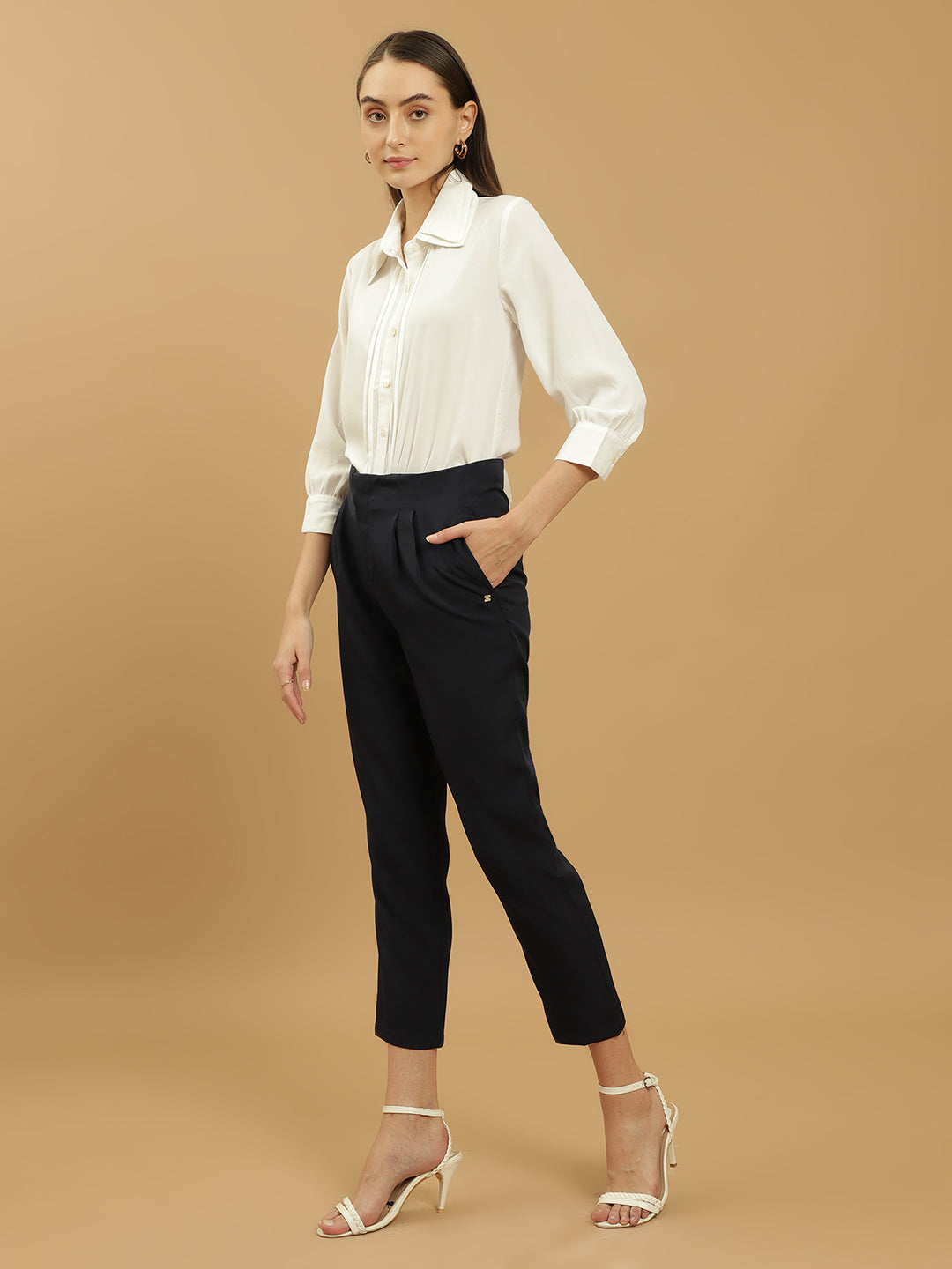 Beatnik Pleated Ankle Length Solid Womens Trousers