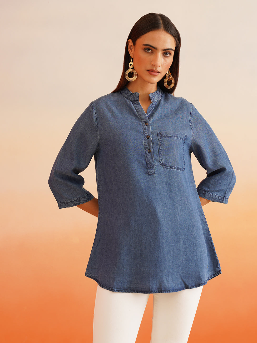 Beatnik Mandarian Collar Denim Tunic Top Beatnik