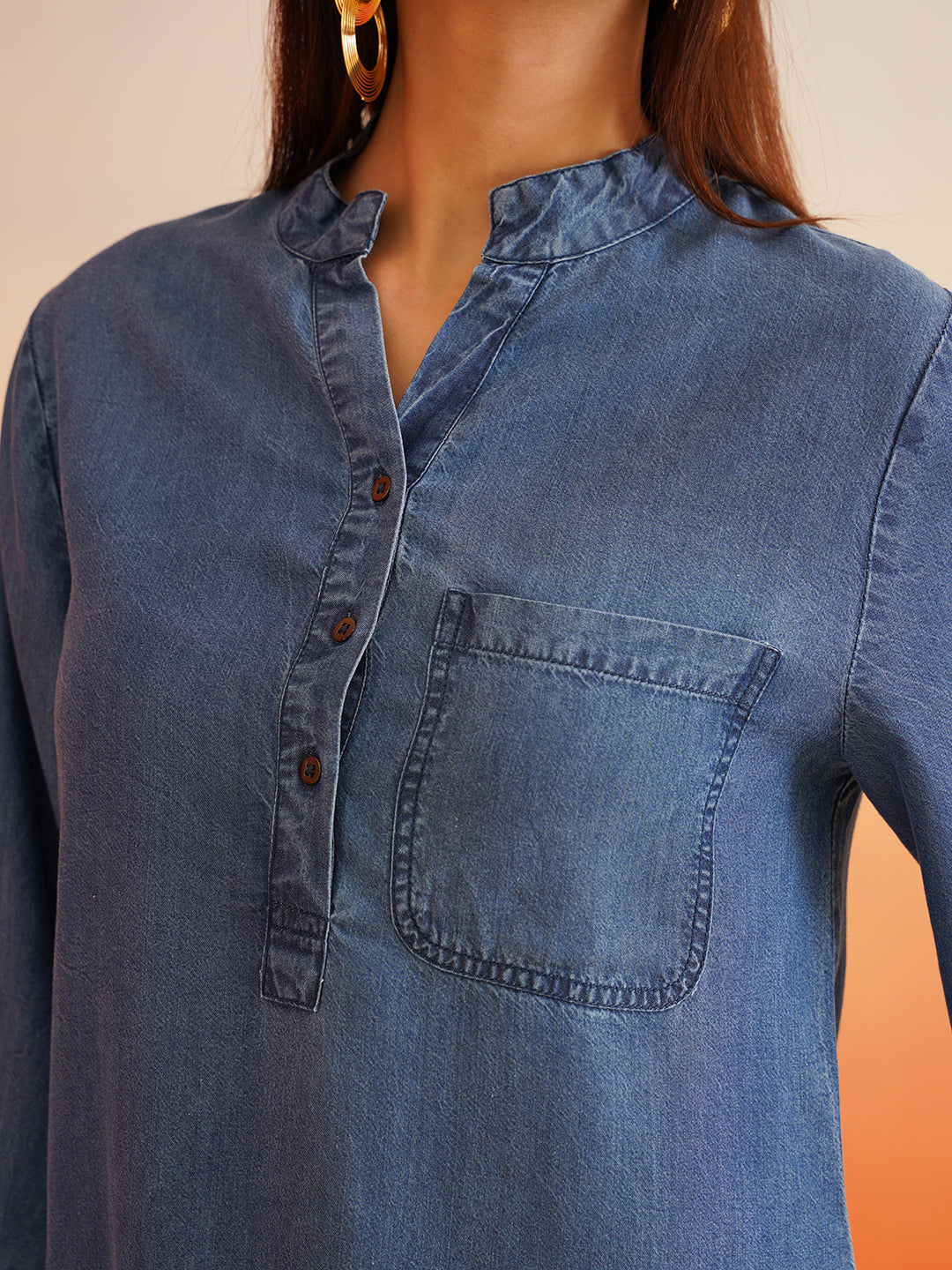 Beatnik Mandarian Collar Denim Tunic Top