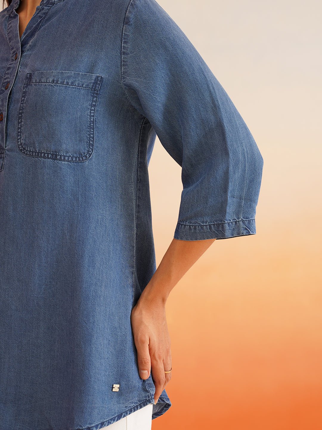 Beatnik Mandarian Collar Denim Tunic Top