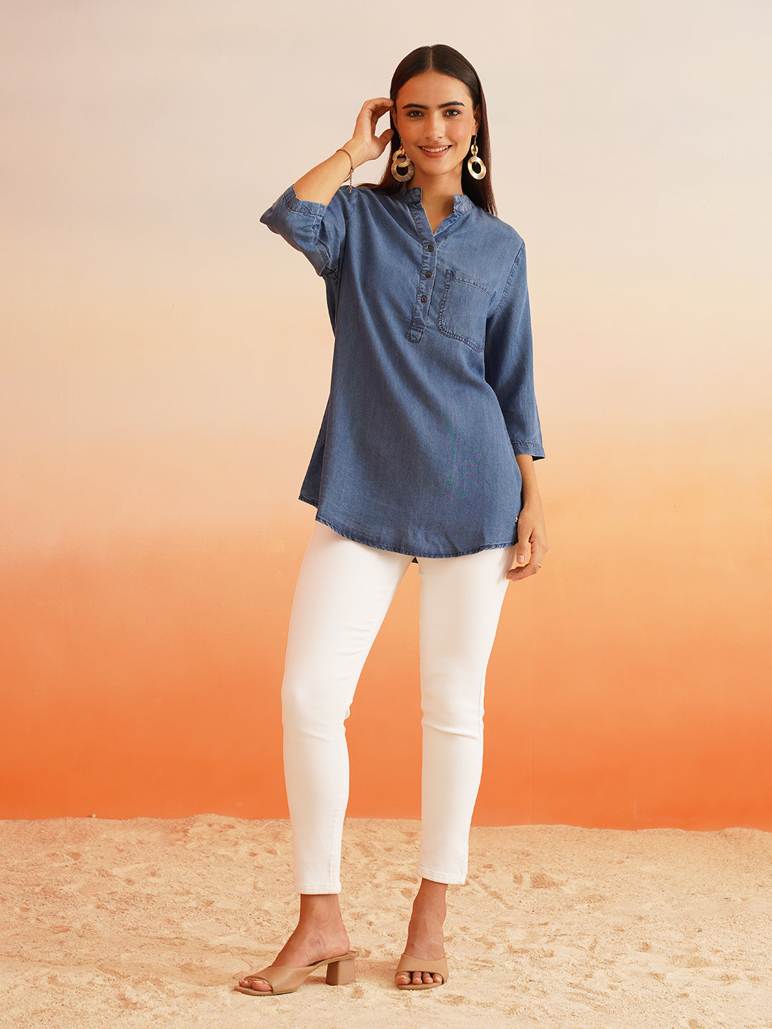 Beatnik Mandarian Collar Denim Tunic Top