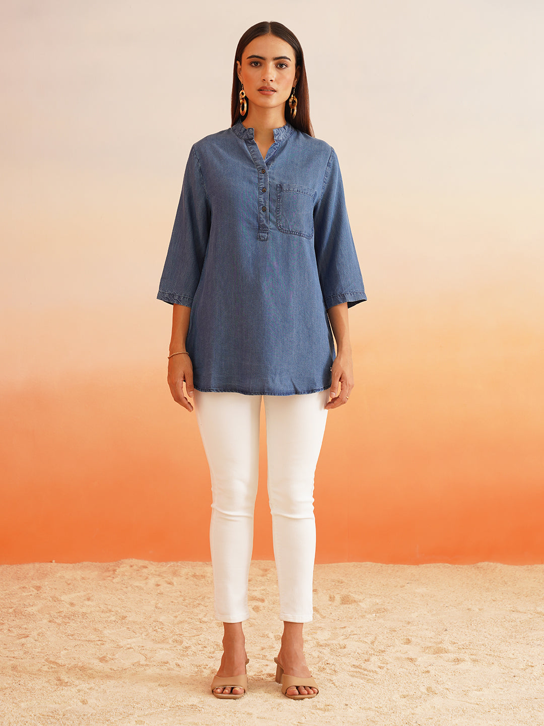 Beatnik Mandarian Collar Denim Tunic Top