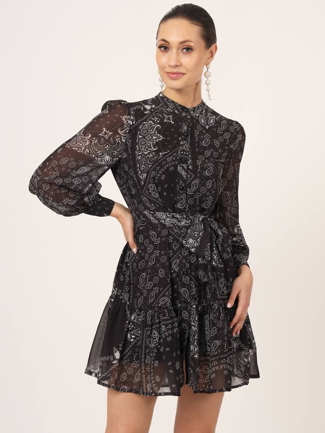 Buy Beatnik Georgette Fitted Printed Full Sleeve Black Women Dresses ...